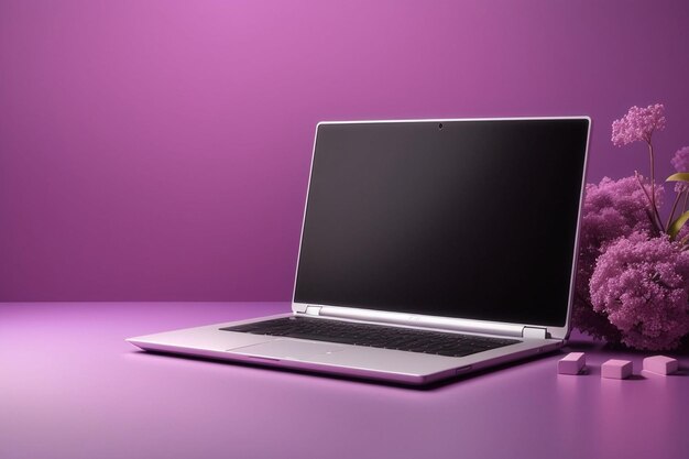 Blank laptop mockup with purple background and decorative elements AI Generated
