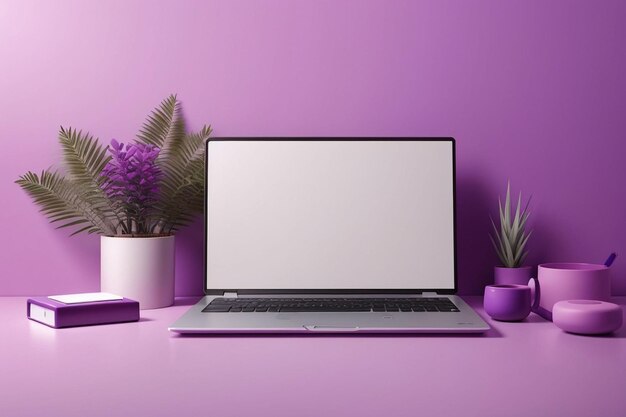 Photo blank laptop mockup with purple background and decorative elements ai generated