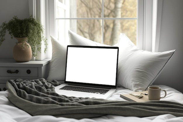 Blank laptop screen in bed with pillows and a blanket Bedroom interior design template with a minimalist aesthetic and mockup copy space Work from home with the idea of self isolation