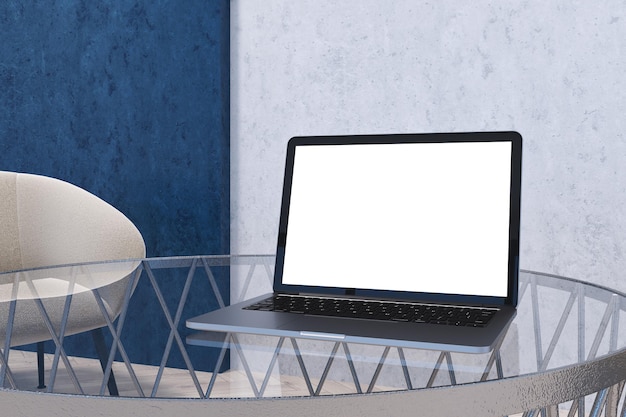 Blank laptop screen standing on a glass table in a modern home office with concrete and blue walls. 3d rendering mock up