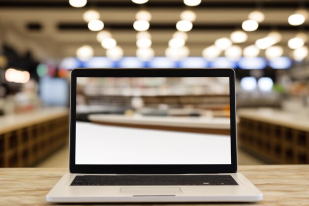 Photo blank laptop screen on table with background of bokeh supermarket department store