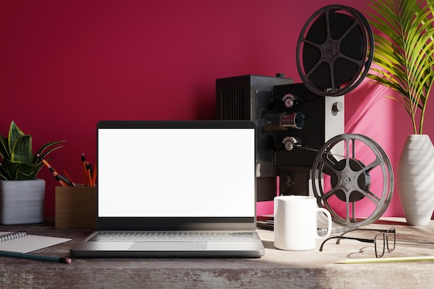 A blank laptop screen with a movie projector is in front of a magenta wall 3d rendering