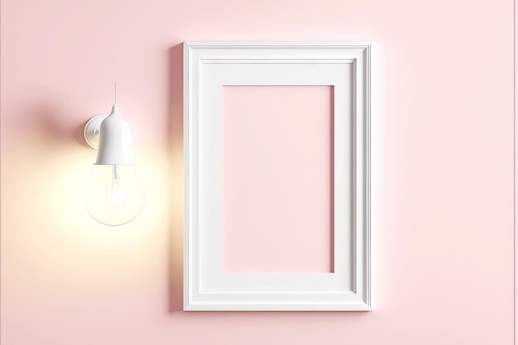 Photo blank light picture frame mockup against background of gentle pink wall