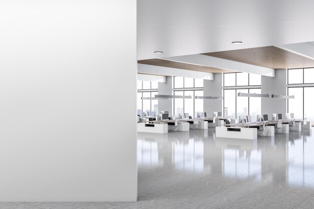 Photo blank light wall at the entrance to spacious coworking sunny office with modern white workplaces furniture wooden slatted ceiling glossy floor and city view from big windows 3d rendering mockup