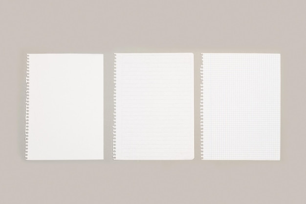 Чистые разлинованные и квадратные листы бумаги с копией пространства на сером фоне