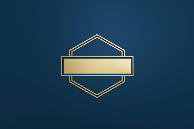 Blank logo frame and golden label with modern style on dark blue background. Empty template for design emblem and diamond shape. 3D rendering.