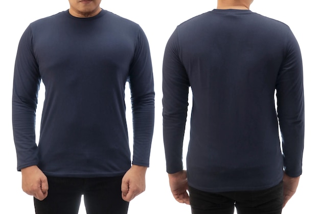 Photo blank long sleeved shirt mock up template front back asian man wear dark navy blue tshirt