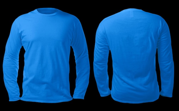 Photo blank long sleeved shirt mock up template front and back view isolated plain blue tshirt mockup