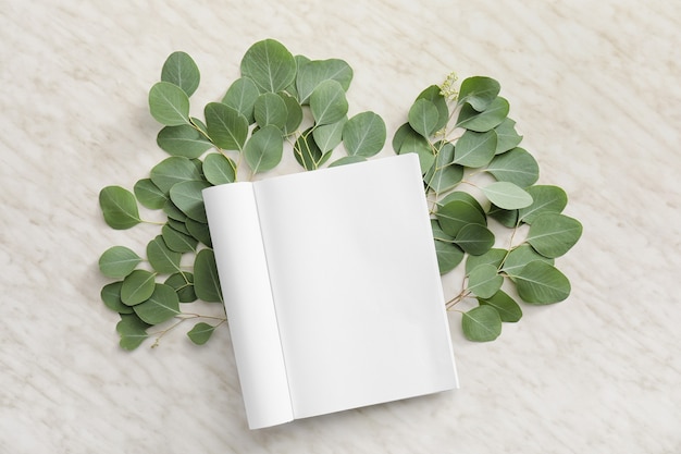 Blank magazine and leaves on light background