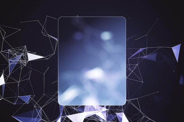 Photo blank matt transparent screen with rounded corners on abstract dark background with chaotic geometrical lines mock up