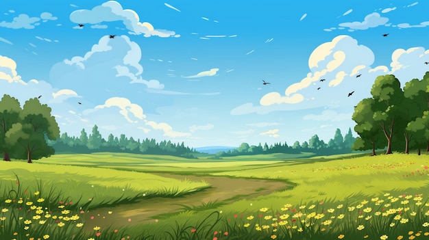 Blank meadow cartoon with blue sky