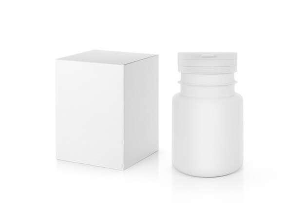 Foto flacone e confezione di farmaci bianchi isolati su sfondo bianco