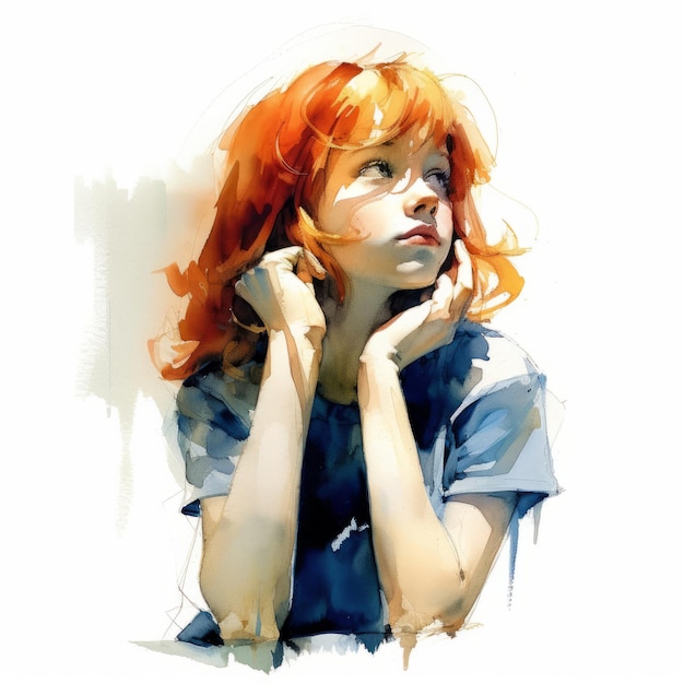 Blank meisje in denken en twijfels aquarel illustratie Jonge vrouw karakter met dromerig gezicht op abstracte achtergrond Ai gegenereerd helder getekende kleurrijke poster