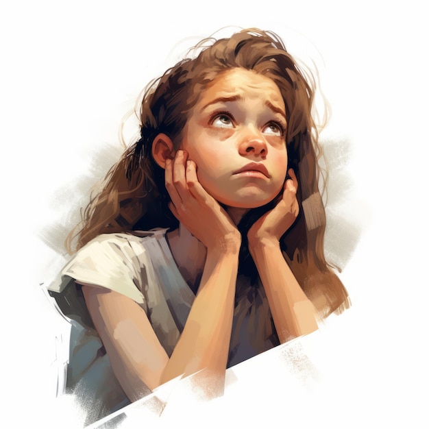 Blank meisje in denken en twijfels illustratie Jonge vrouw karakter met dromerig gezicht op abstracte achtergrond Ai gegenereerd helder getekende kleurrijke poster