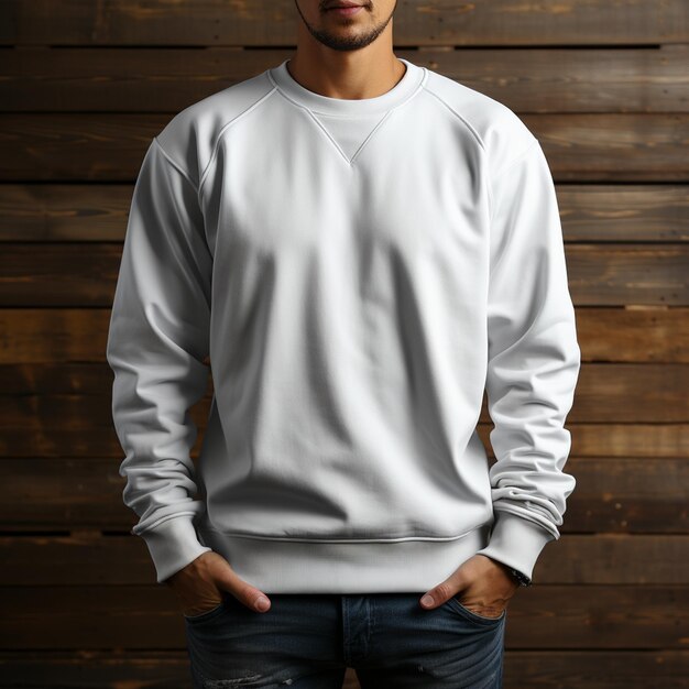 Photo blank mens model white sweatshirt for mockup design