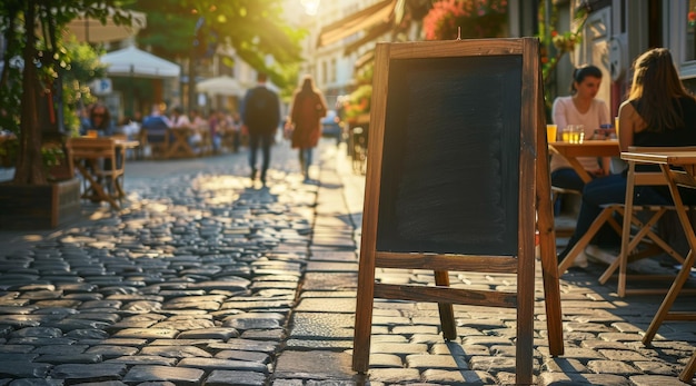 Blank menu bord op de straat van de oude Europese stad Mockup voor reclame banners of ontwerp