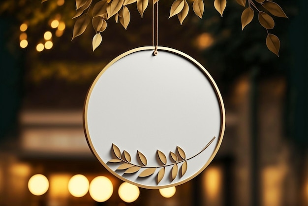 Blank minimal circular shop signboard mockup for design street hanging sign board for logo presentation with light garland among the leaves AI generated image