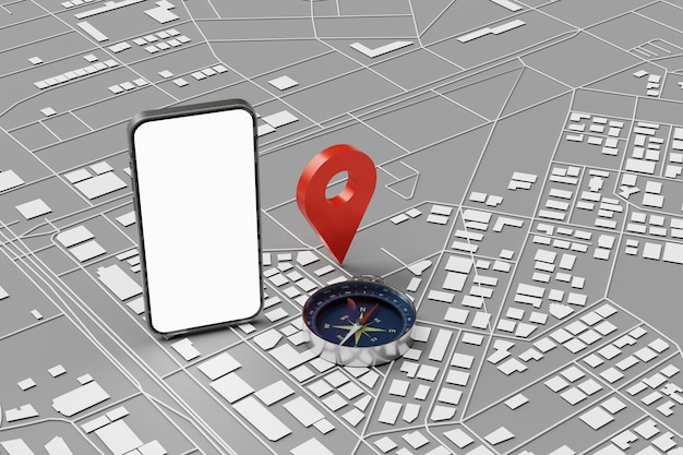 Фото Пустой макет мобильного телефона и компас на 3d-рендеринге карты города