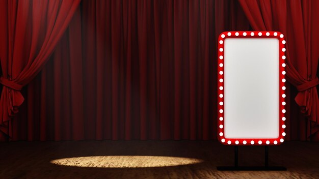 Blank mock up red billboard with light bulb on stage theatre or opera with red curtain and Spotlight 3D rendering