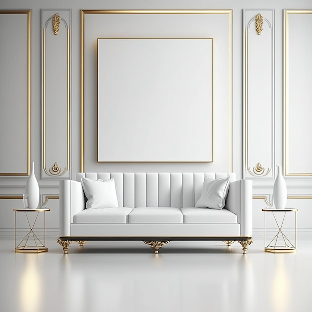 Blank mockup background picture frame with a couch in it and a leaf on it