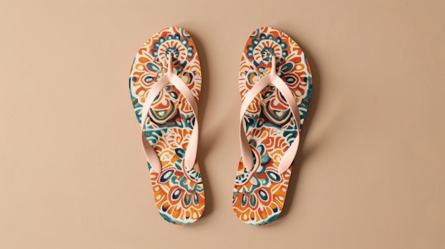 Blank mockup of flip flops with a bohemianinspired mandala print on a neutral background