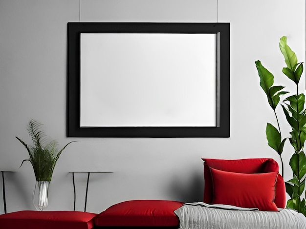 Blank Mockup frame and accessories decor red amp black sofa on wall interior background