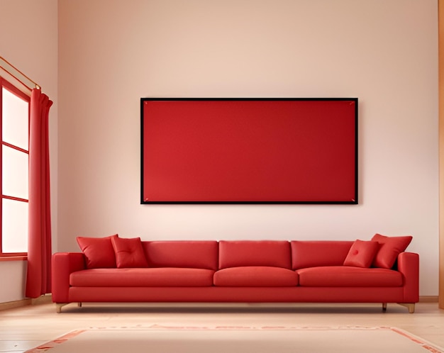 Blank Mockup frame and accessories decor and red sofa on wall interior background