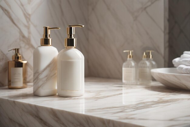 A blank Mockup of a hand wash bottle on a marble in the luxurious bathroom generated by ai