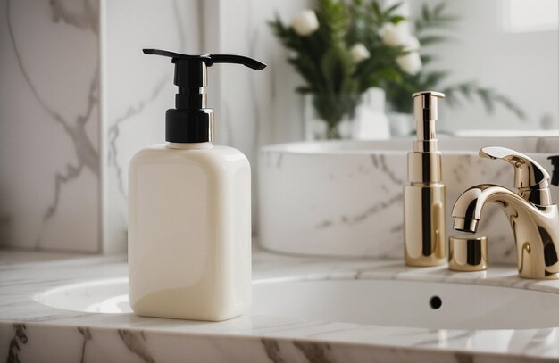 Photo a blank mockup of a hand wash bottle on a marble in the luxurious bathroom