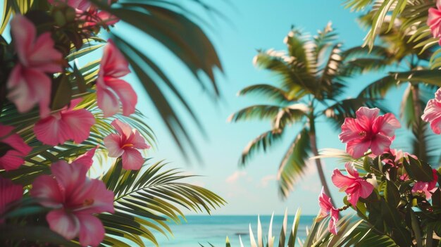사진 열대 테마의 해변 발의 빈 모형으로 활기찬 나무와 이국적인 꽃이 이상적입니다.
