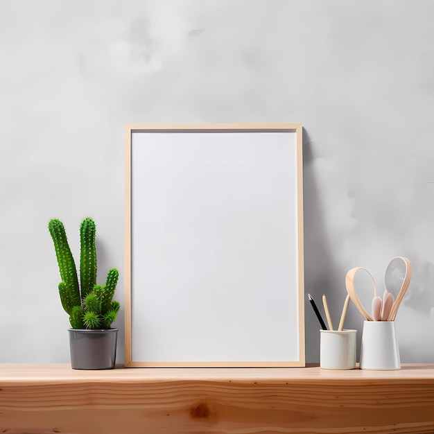 A blank mockup for poster next to a cactus plant on a wooden shelf