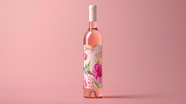 Blank mockup of a ros wine bottle with a whimsical label featuring watercolor flowers and script