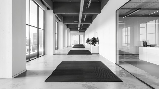 Photo blank mockup of a set of monochromatic floor mats for a professional office space