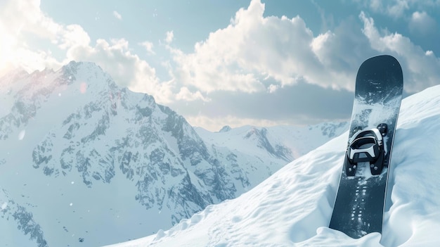 Blank mockup of a snowboard leaning against a snowy mountain waiting for a ride down