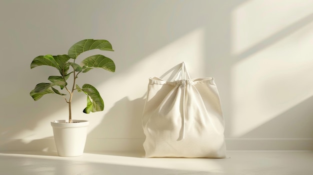 Photo blank mockup of a stylish canvas laundry tote with a drawstring closure