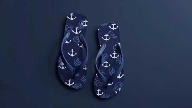 Foto blank mockup van flip-flops met een nautisch ankerontwerp op een marineblauwe achtergrond