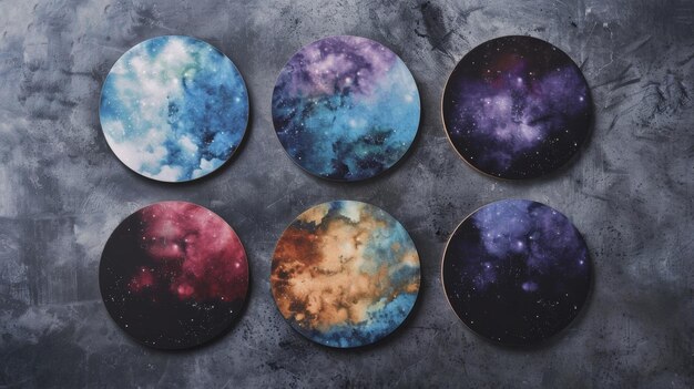 Foto blank mockup van zes ronde coasters met een waterverf galaxy print