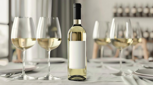 Blank mockup of a white wine bottle with a clean and minimal label featuring bold black typography