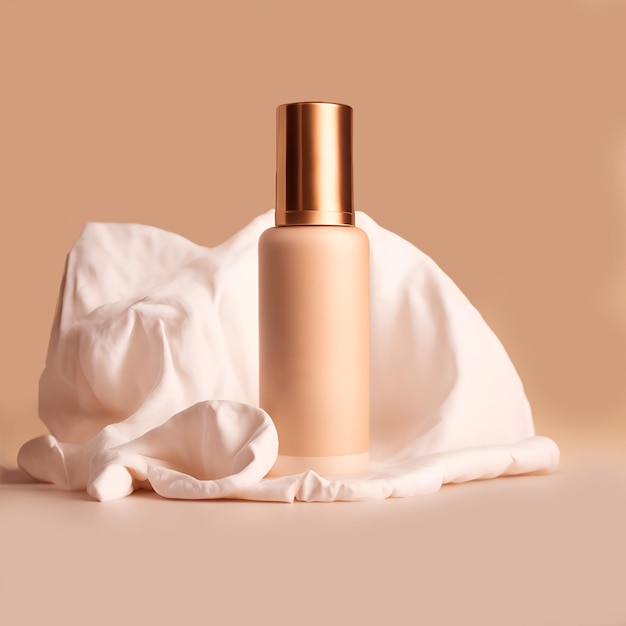 A blank moisturizer cream bottle and a white fabric on a brown background witj copy space