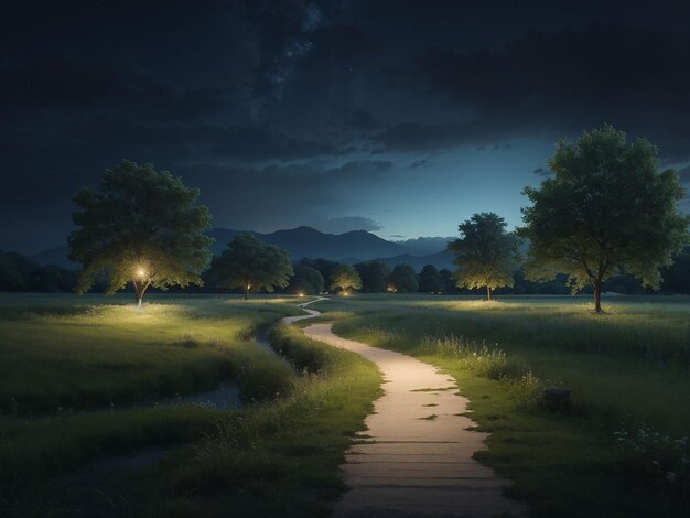 Blank nature park landscape at night scene with pathway through the meadow