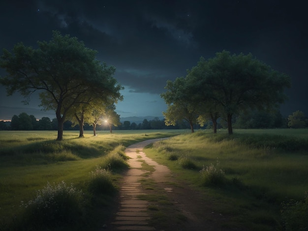 Blank nature park landscape at night scene with pathway through the meadow