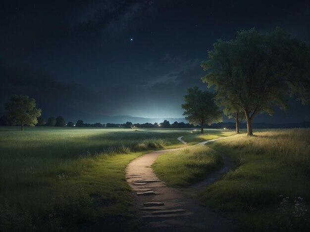 Blank nature park landscape at night scene with pathway through the meadow