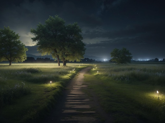Blank natuurpark landschap's nachts scène met pad door de weide