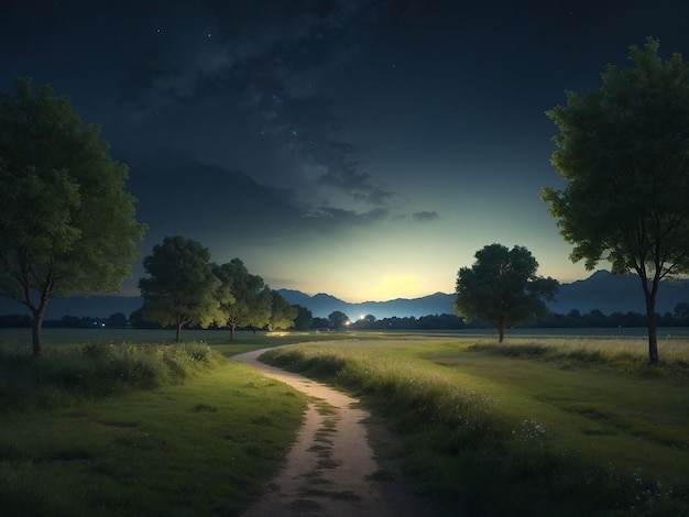 Blank natuurpark landschap's nachts scène met pad door de weide