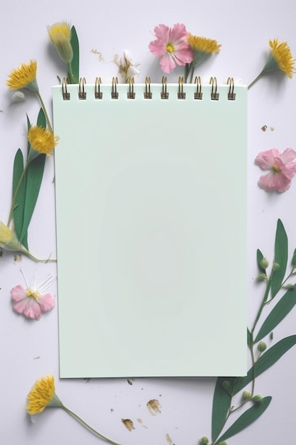 Photo blank note with small flowers around the edges paper texture white background generative ai