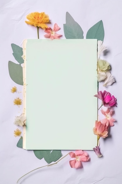 Foto blank note with small flowers around the edges paper texture white background generative ai