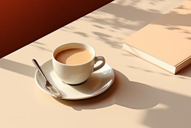 a blank notebook next to a cup of coffee and pencil in the style of minimalist backgrounds