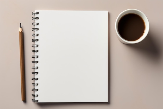 a blank notebook next to a cup of coffee and pencil in the style of minimalist backgrounds