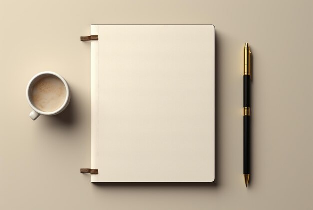 a blank notebook next to a cup of coffee and pencil in the style of minimalist backgrounds