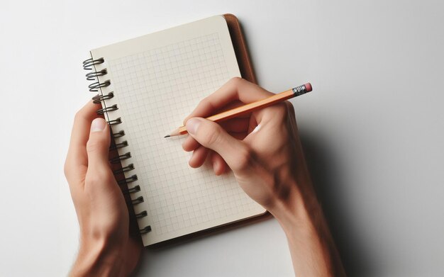 blank notebook The hand holding the pencil is about to start writing in a notebook Taking notes